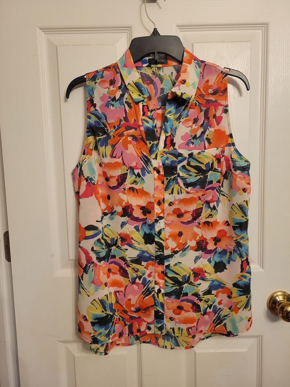 The Limited Vibrant Floral Sheer Sleeveless Button-Up Blouse